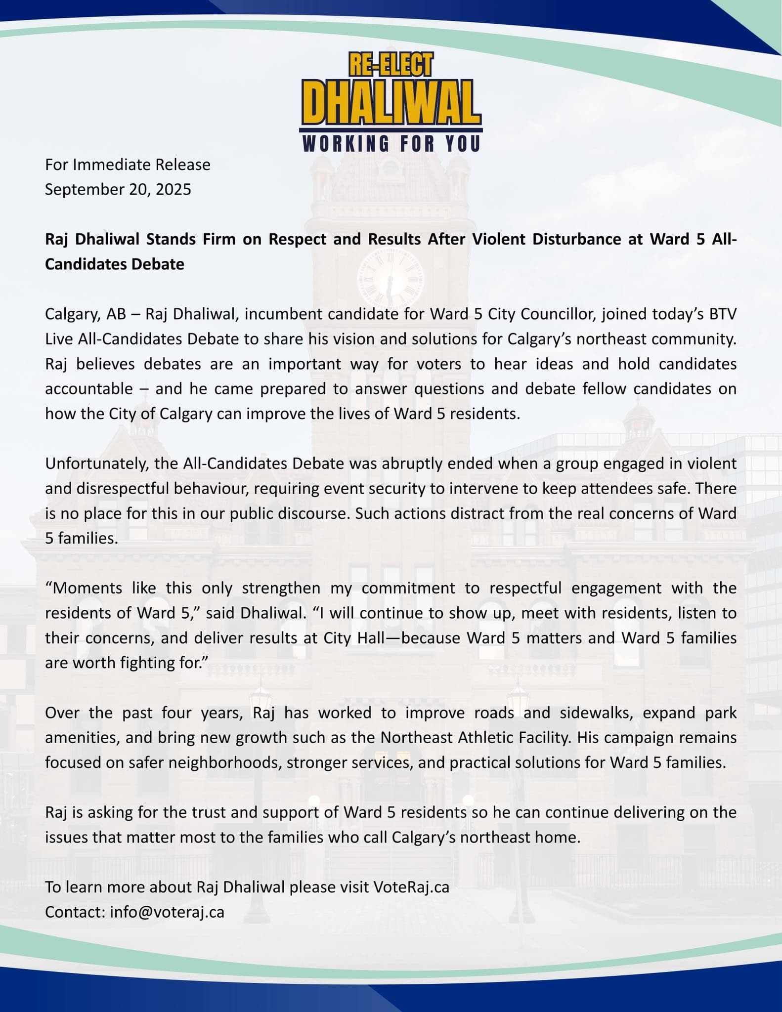 Raj Dhaliwal Stands Firm on Respect and Results After Violent Disturbance at Ward 5 All-Candidates Debate